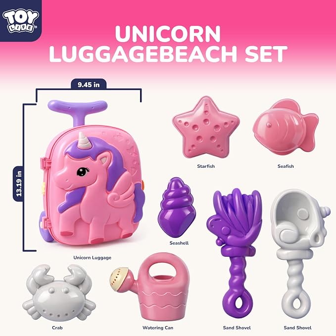 TOY Life Unicorn Suitcase Travel Sand Toy for Kids Beach Toy with Luggage with Wheels, Water Gear STEM Play Water Table, Shovels, Can, Sand Molds, Sandbox Beach Summer Toys for Toddlers Ages 3-8