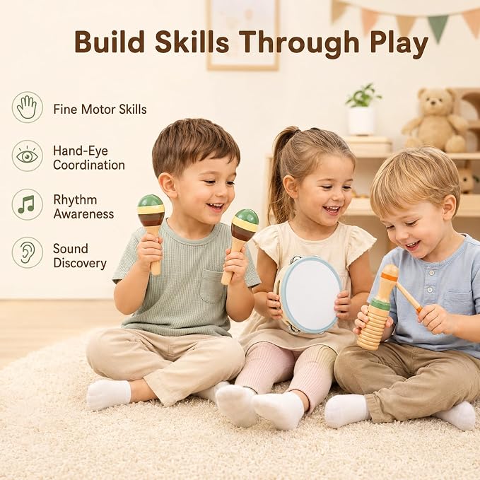 Wooden Musical Instruments Set for Toddlers 3+, Montessori Music Toys with Xylophone, Maracas & Tambourine, Soft Sound Indoor Percussion Toys, Early Learning Gift for Boys Girls