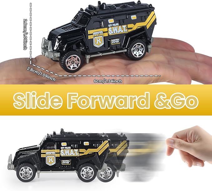 Oriate 6 Pack 1/64 Die-cast SWAT Police Cake Topper Kids Cars Boy Toys Set, Mini Cop Toy Car, Helicopter, Rescue Truck, Military Vehicles Toys, Birthday Gift for 3-5 Year Old Boys Girls