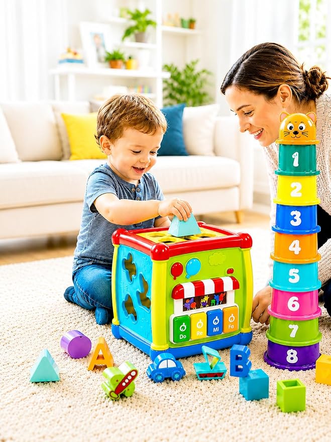 Shape Sorting Cube with Music & Lights - 6 in 1 Sensory Busy Cube Stacking Cups Activity Toy for Toddlers 18+ Months, Educational Learning Toys for Boys & Girls