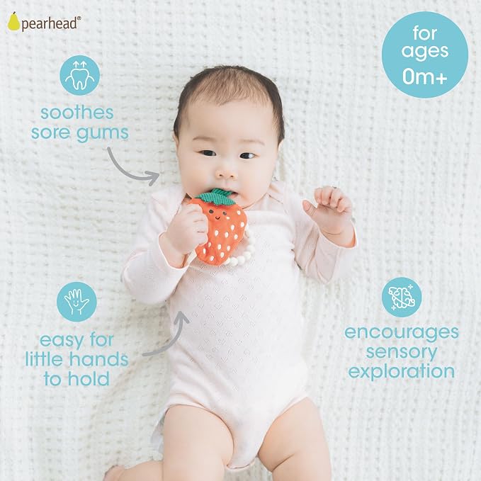 Pearhead Strawberry Baby Teether – Soft Plush Sensory Toy with BPA-Free Silicone Beaded Ring & Crinkle Sound, Soothes Teething Pain, Newborn Essentials for Boys and Girls, 0+ Months