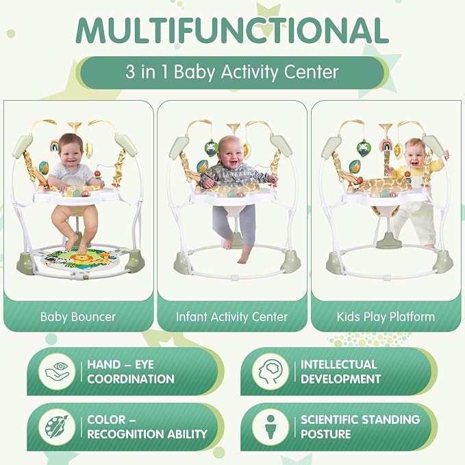Baby Activity Center, 3-in-1 Baby Jumper, Infant Activity Center with 360° Rotating Seat, Music, Lights, 3 Adjustable Heights, Infant Activity Jumper for 6+ Months JP2403