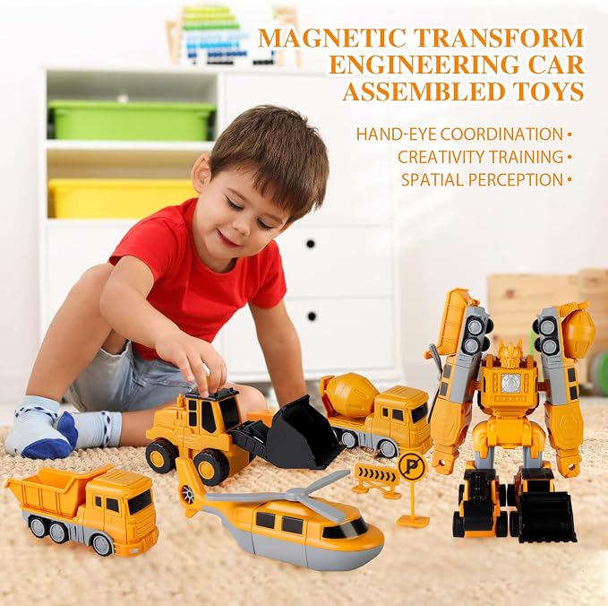 Magnetic Transform Toys for Kids, Assembled Construction Vehicle Cars Toys, Engineering Transforming Cars and Trucks, Outdoor Toddler Activities Toys for Toddler Kids Ages 4-8