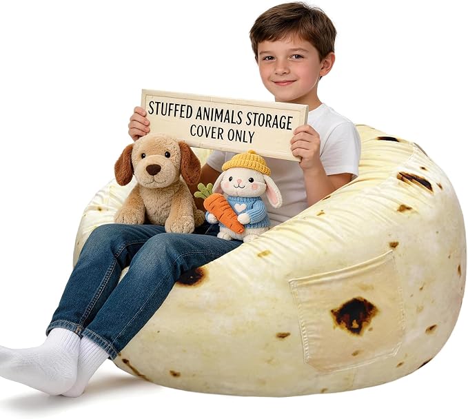 Lukeight Burrito Stuffed Animals Storage Bean Bag Chair Cover for Kids, Cozy Velvet Plush Toy Organizer Seat, Cover Only, No Filling Included, Long YKK Zipper, Side Pocket, X-Large 30 x 18 in