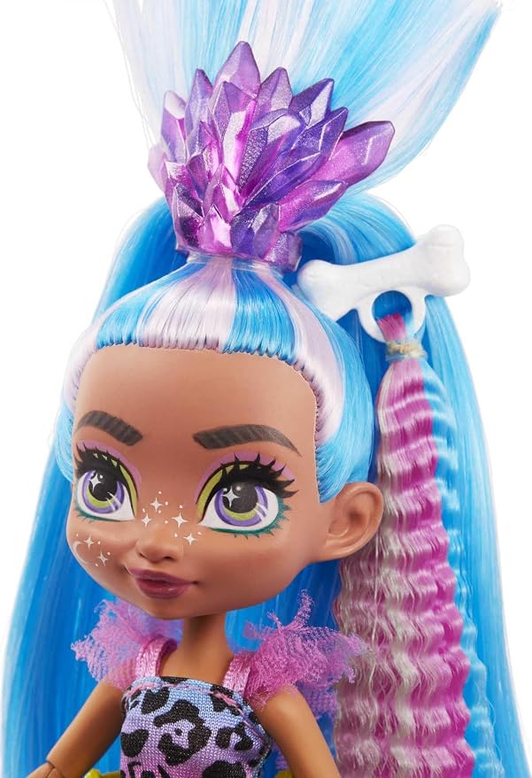 Mattel Cave Club Tella Doll (8 10-inch, Blue Hair) Poseable Prehistoric Fashion Doll with Dinosaur Pet and Accessories, Gift for 4 Year Olds and Up