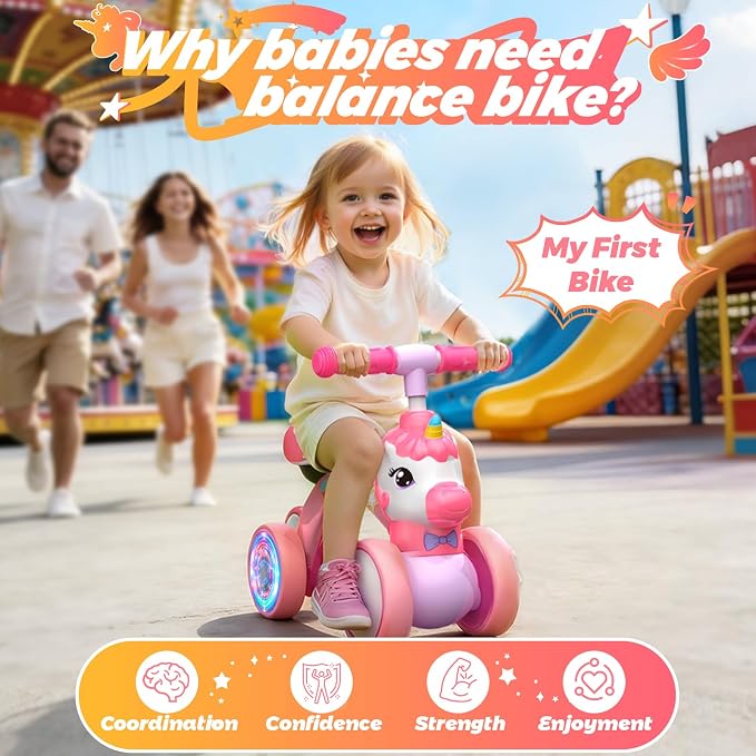 Unicorn Baby Balance Bike Ride on Toys for 1 2 Year Old, Toddler Bike, Birthday Gifts for 1 2 Year Old Girls, Colorful Lighting Silent Wheels, No Pedal, Safe Baby First Bike & Birthday Gift