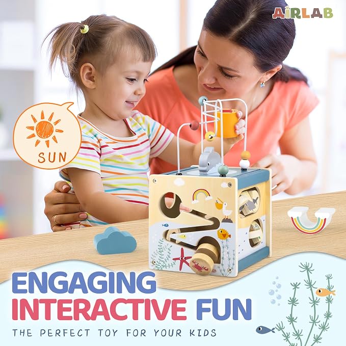 Airlab Wooden Activity Cube Montessori Toys for 1 Year Old Toddlers 12 Months + Toddler Learning Toys 1-3 Boys Girls Baby Sensory Interactive Birthday Gift