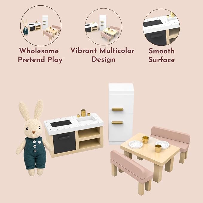 SPEEDY MONKEY Doll House Kitchen Playset with Bunny – Miniature FSC Wooden Kitchen Furniture Set – Dining Table, 4 Chairs, Fridge & Accessories – Pretend Play Doll House Decor Toy for Kids & Girls
