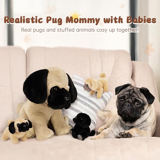 MorisMos Pug Dog Stuffed Animal with Babies,14'' Large Mommy Dog Push with Baby Puppy Toys for Kids,4Pcs Realistic Bulldog Toys for Girl Boy, Stuffed Pug Toy Gift for Birthday Christmas