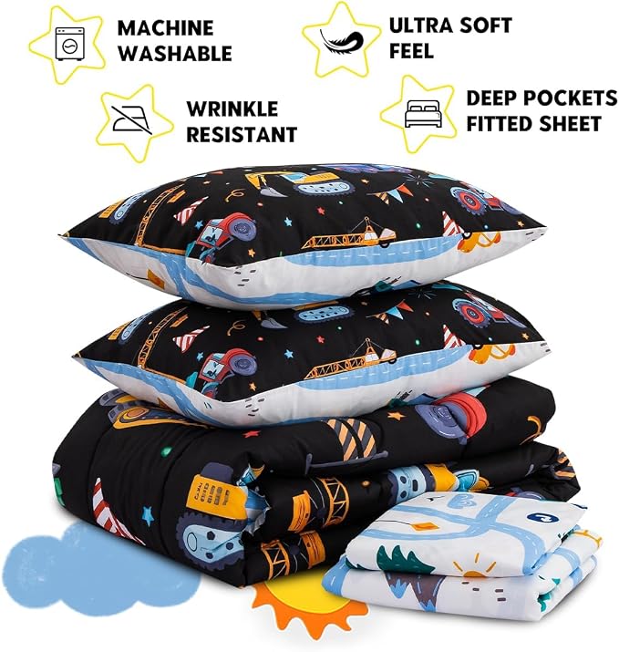 Holawakaka Trucks Tractors Cars Boy Bedding Comforter Set with Sheets, Full Size Cartoon Construction Car Excavator Print Kids Bed in A Bag 5-Piece, Boys Reversible Dorm Bed Sets (Black Full)