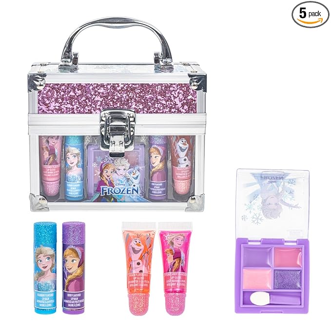 Disney Frozen Beauty Mini Train Case Set Includes Lip Gloss Tube, Lip Balm, Lip Gloss Compact for Girls,for Parties, Sleepovers by Townley Girl
