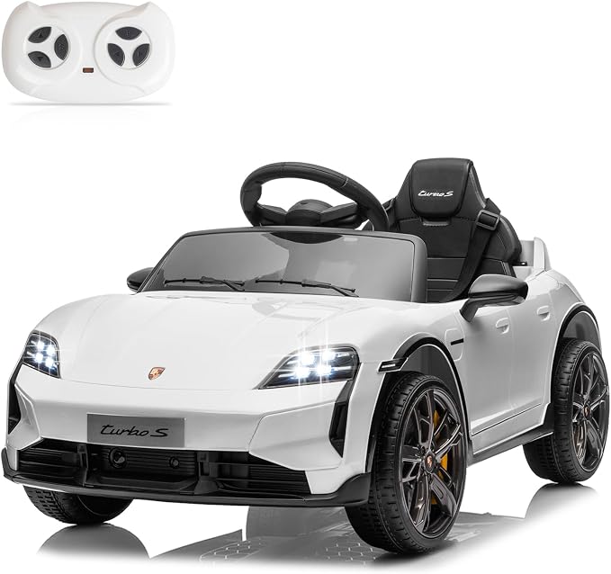 Winado 12V Kids Ride on Car, Licensed Porsche Taycan Electric Car for Toddlers, Battery Powered Ride on Vehicle W/Remote Control, with Bluetooth, 3 Speeds, LED & Rear Lights, Music & Horn (White)