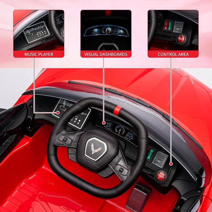 Garvee 12V Kids Ride on Car Licensed Corvette Toddlers Electric Sports Car Ride on Toy with Remote Control, Visual Dashboard, LED Lights, Music for Boys & Girls, Red