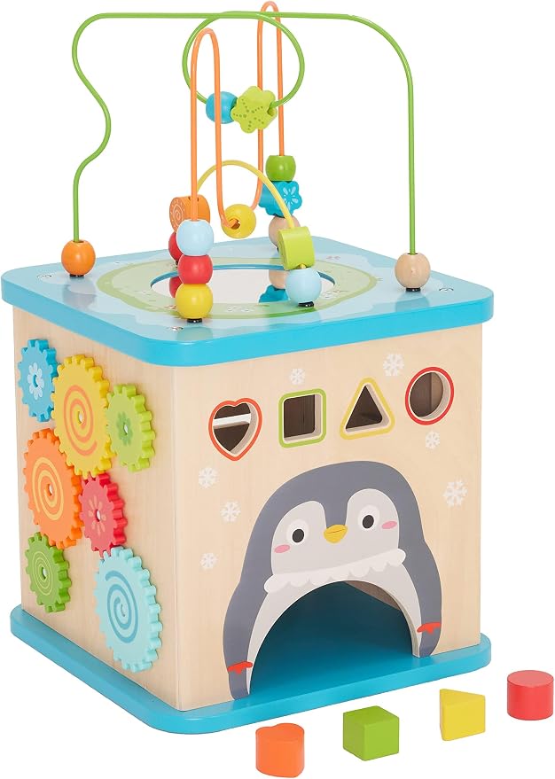 Amazon Basics Kids Wooden Activity Cube, Educational Learning Toy with Bead Maze and Shape Sorter, Developmental Fine Motor Skills, Gift for Toddlers Age 12M+, Multicolor, 13.4x22.5x13.4inches