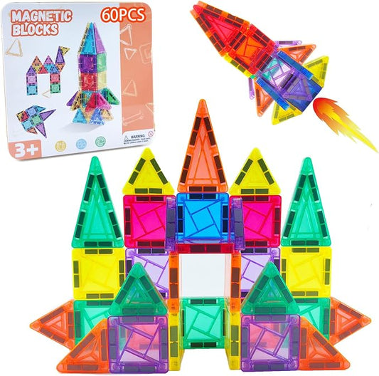 60PCS Portable Mini Magnetic Tiles Travel Set with Metal Case, STEM Magnetic Building Blocks Educational Toy for Kids Ages 3-8, Classroom Must Have for Boys and Girls
