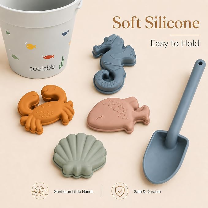 6-Piece Silicone Beach Toys Set for Kids - Foldable Sand Bucket, Shovel, 4 Sand Molds and Mesh Bag - Sea Creatures