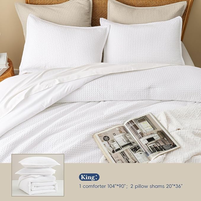David's Home Waffle Weave Comforter Set 3PCS King Size, Soft Breathable Lightweight Cozy Skin-Friendly Warm for All Season, Elegant Aesthetic Home Decor Bedding Set with Pillow Shams, White