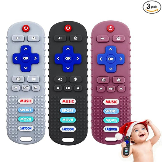 3 Pack Silicone Teething Toys - Teething Remote Control for Baby, BPA Free Baby Chew Toys & Easy to Hold Teether for Babies 6-12 Months, Perfect Birthday and Easter Gifts for Babies
