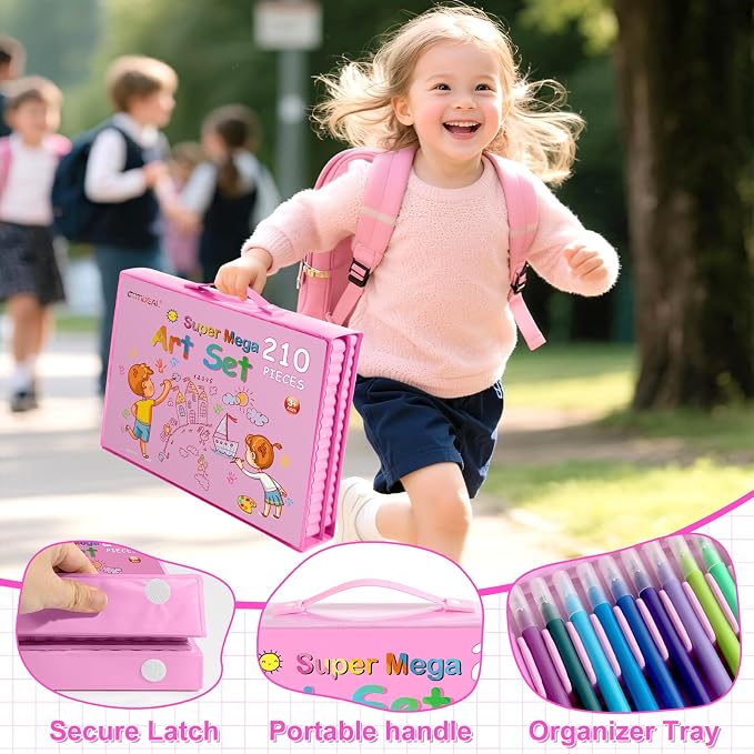 GOTIDEAL Art Supplies,Kids Art Set,210 PCS Art Kit for Kids Age 6-12 with Trifold Easel, Kid Drawing kit with Coloring Book, Crayons, Markers, Watercolor Pens,Gift for Boys and Girls(Pink)