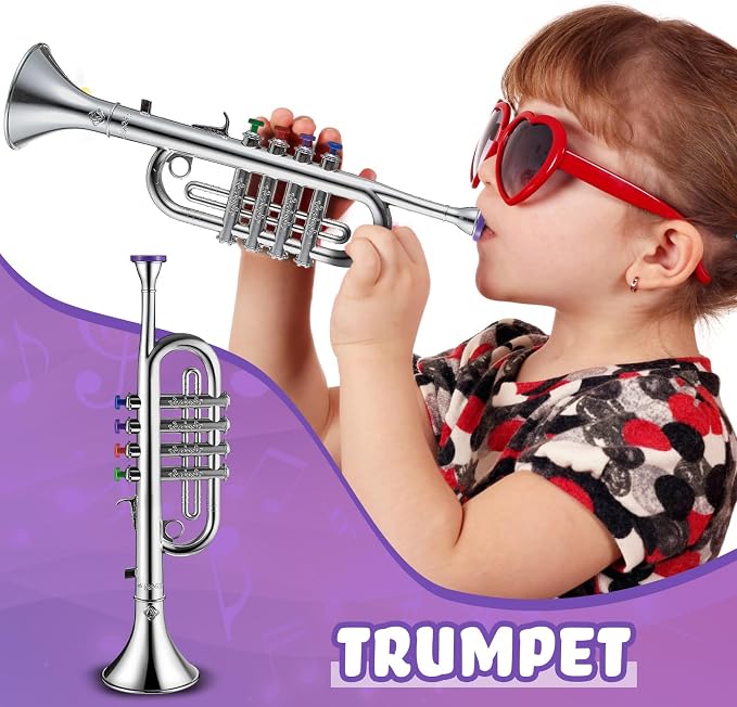 Lewtemi Silver Trumpet Musical Instruments Toy for Kid Toddler Fake Plastic Preschool Music Toy Gift Portable Wind Instrument Early Educational Teaching Songs Gifts for Toddlers Children
