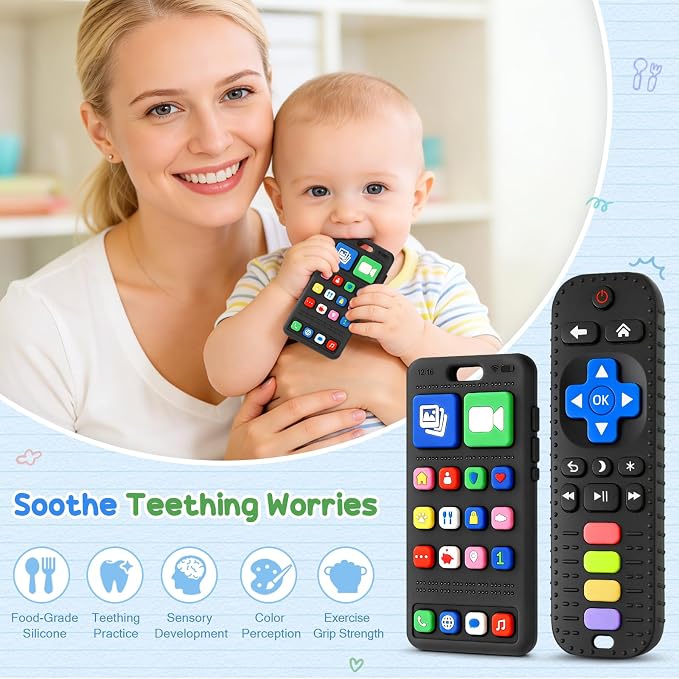2 Pack Baby Teething Toys for 3-6 6-18 Months, Silicone Phone & TV Remote Control Shape Teether Toys, Teething Relief Sensory Chew Toys, Baby Shower Gifts for Infant Boys Girls 6-12 Months