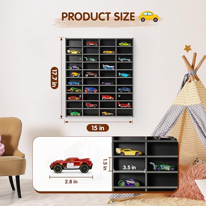 Krafetto Toy Car Display Shelf, Holds 40 Diecast 1/64 Toy Cars, Wall Mount Model Car Storage Organize Case, Black