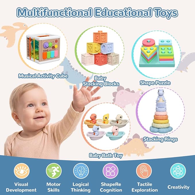 Baby Montessori Toys 6-12 Months, 5 in 1 Sensory Learning Set with Stacking Blocks, Shape Sorter, Bath Toys, Activity Cube, Dinosaur Stacker Educational Toddler Gifts for Boys Girls