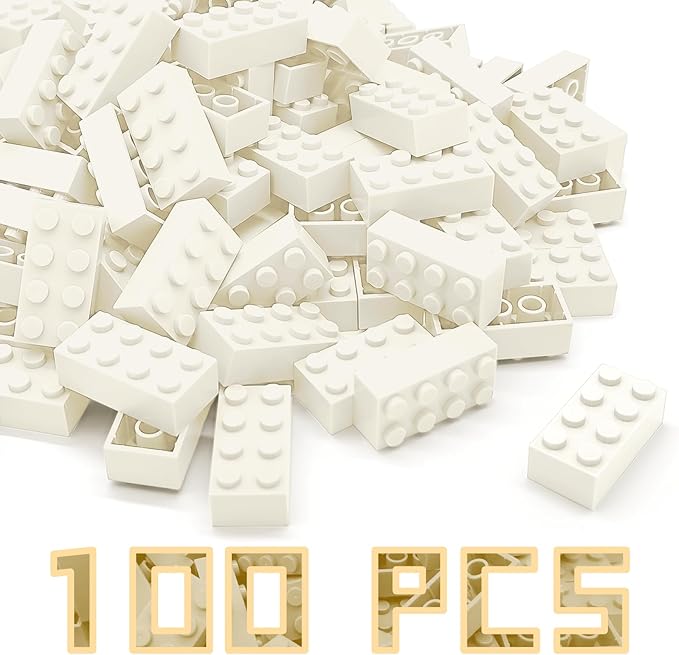 Classic Building Brick 2x4 100 Pieces, Compatible with LEGO 3001 Bulk Block Set, Creative Building Toy DIY, Suitable for Boys Girls and Teenagers Aged 6+ (White)
