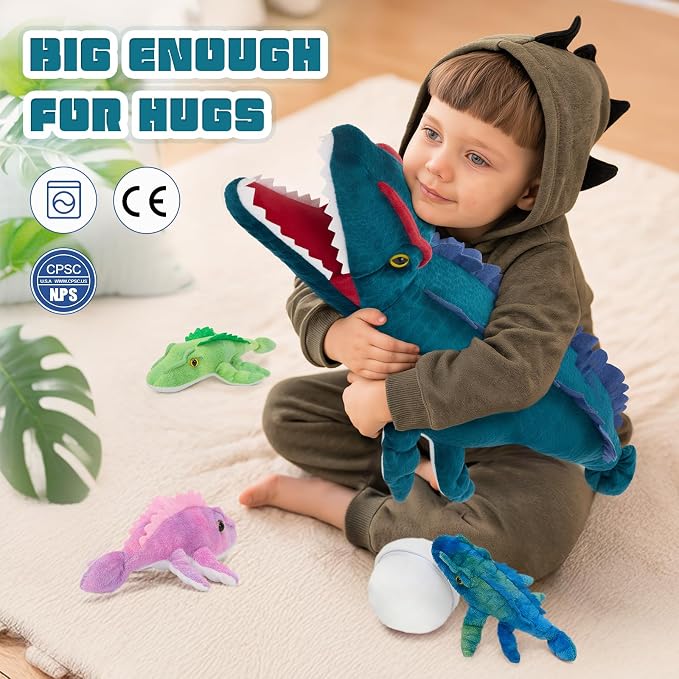 Blue Dinosaur Stuffed Animal,Giant Dinosaur Plush Toy,Mommy Mosasaur with Babies & Egg, Soft Mosasaurus Plushie,Realistic Dino Stuffy,Gifts for Kids Boys Girls Easter Christmas Birthday