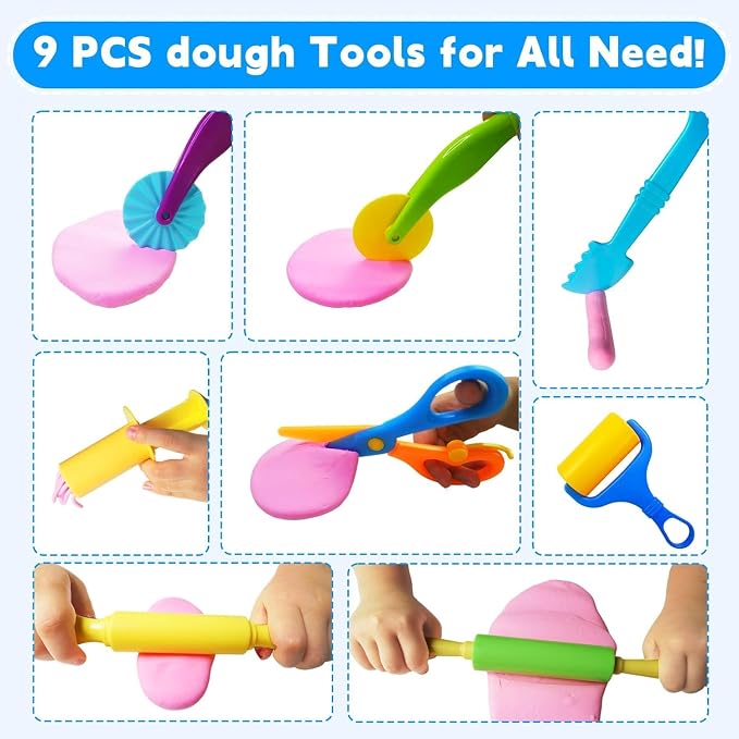 Dough Tool Set, 13Pcs Dough and Clay Play Tools Kit for Kids, Modeling Clay Accessories Includes Safety Scissors, Rolling Pins, Plastic Knife, Dough Extruder & Rollers