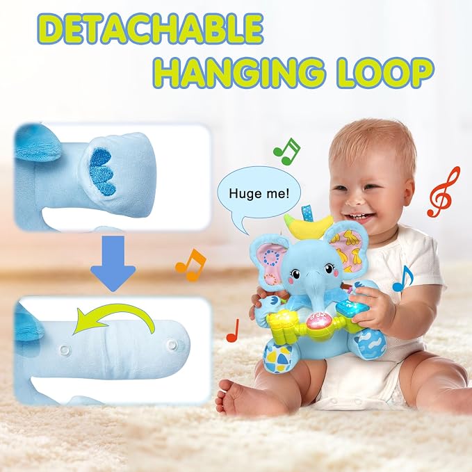 Ryotagift Baby Bilingual Musical Elephant Stuffed Animals Toys, Infant Early Learning Toy with Light-Up Music & Crinkle, Tummy Time Toys for 0 3 6 9 12+ Months for Baby Boy Girl Gift, Blue