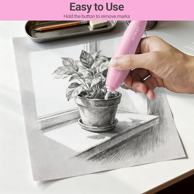 AFMAT Electric Eraser, with 140 Eraser Refills, Rechargeable Pencil Erasers for Artists, Electric Erasers for Drafting, Drawing, Painting, Sketching, Architectural Plans, Detailer Tool EE04(Pink)