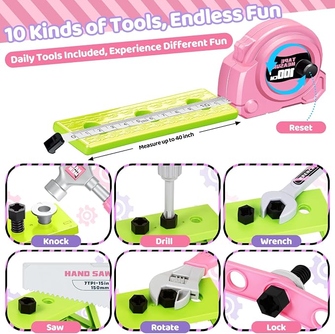 Kids Tool Set with Portable Tool Box & Electronic Toy Drill, Toddler Tool Set, Construction Tools for Kids Ages 3 4 5 6, 46 Pcs Tool kit for Christmas & Birthday Gifts for Girls