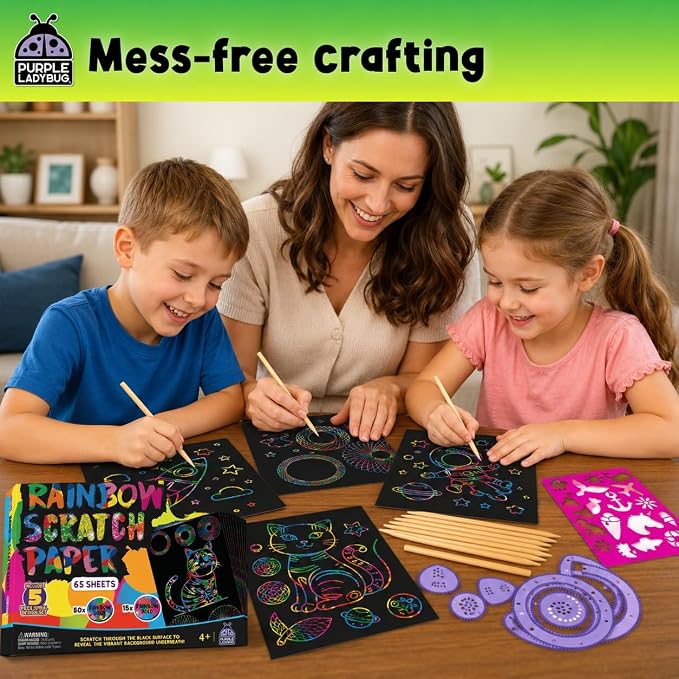 PURPLE LADYBUG Rainbow Scratch Art Paper, 79 PCS Creative Drawing Paper & Stencils - Arts and Crafts for Ages 4-12, Kids Craft Activity Set, Summer Activities for Kids, Travel & Wedding Activities