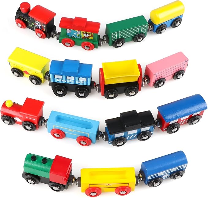 31 PCS Wooden Train Cars - Magnetic Train Set Includes 15 Cars, 10 Bonus Connectors & Storage Bag, Wooden Train Set Toy Train for Kids Toddlers, Compatible with Major Brands Train Tracks Set