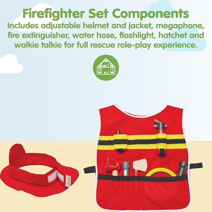 PlanToys® Firefighter Play Set with Pretend Play Rescue Kit Featuring Helmet, Jacket & Tools | Montessori Wooden Toy for Imaginative Role Play, Teamwork & Learning