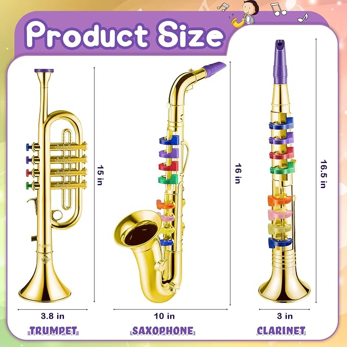 3 Pcs Kids Instruments Musical Toy Saxophone Trumpet Clarinet with 8 Color Coded Keys Educational Teaching Songs Gifts for Boys Girls Children Toddler Beginner Birthday Concert Party(Gold)
