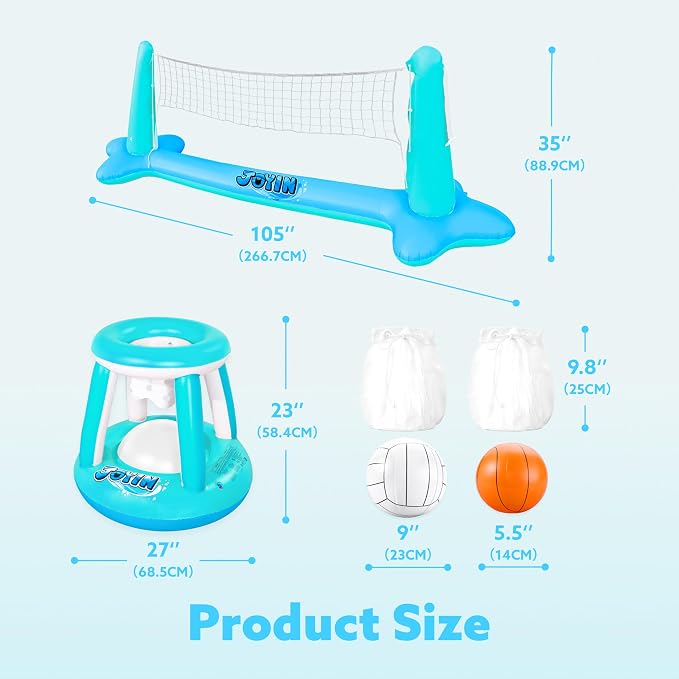 JOYIN Inflatable Pool Float Set Volleyball Net & Basketball Hoops, Floating Swimming Game Toy for Kids and Adults, Summer Floaties, Volleyball Court (105”x28”x35”)|Basketball (27”x23”x27”),L-Blue