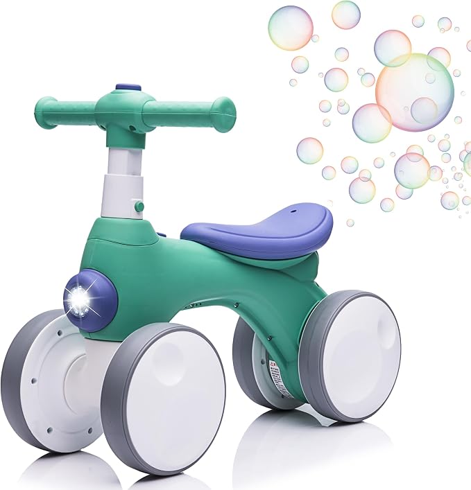 JoyRydz Baby Balance Bike 1 Year Old with Music, Lights, Bubble Machine, 4 Wheels Pedal-Less Toddler Ride on Toys for 12-36 Months Birthday Gift, Toddler boy Toys Ride on car （Dark Green&Blue）