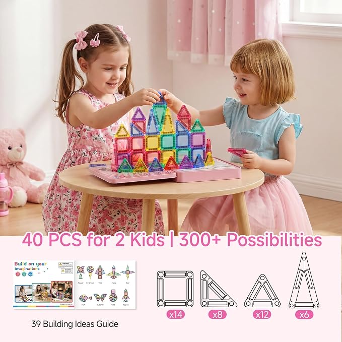 Mini Magnetic Tiles for Girls Travel: 60 PCS Pink Magnet Building Blocks in Tin Box to Stop Crying - 60 Mins Quiet Play 30s Cleanup Toy - Car Airplane Essentials Ages 3-8