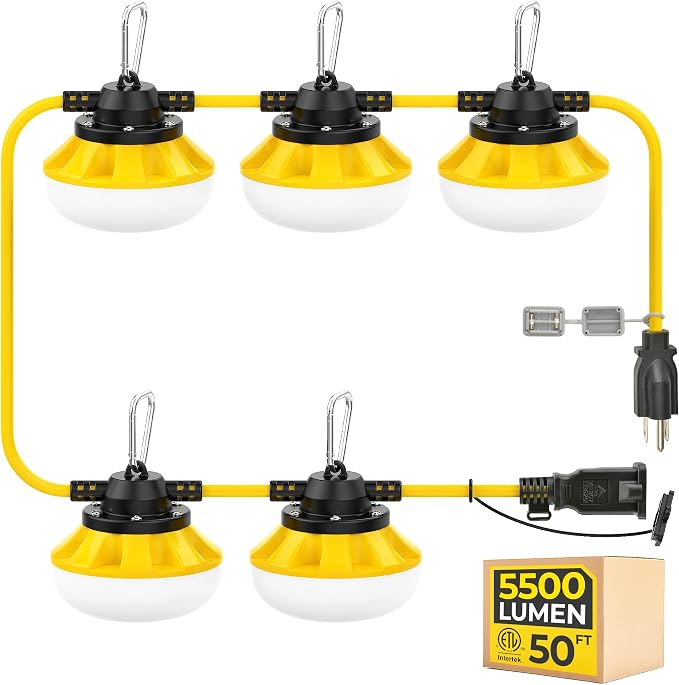 50FT 3-Prong Construction String Lights, LED Work Light, ETL Certified, 18/3 SJTW Cord, IP65 Waterproof, Linkable up to 16 Sets, for Jobsite, Attic, Garage