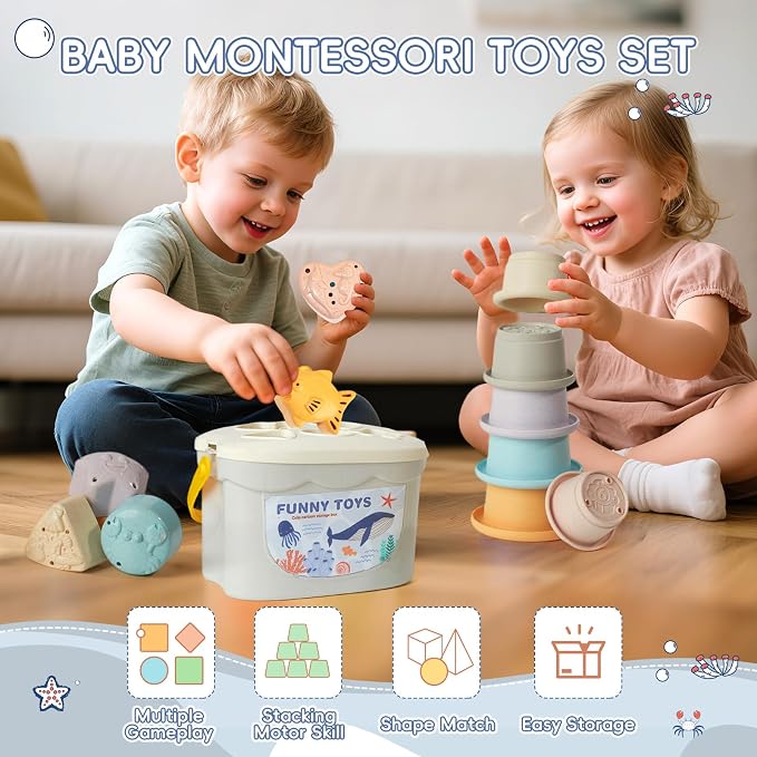 Baby Bath Toys, 21PCS | Easy Clean & Mold Free Bath Toys for Babies 6-12 Months | Educational Shape-Sorting Lid & Baby Stacking Cups | Tub Water Pool Beach Toy for Baby Gift with Portable Storage Bin