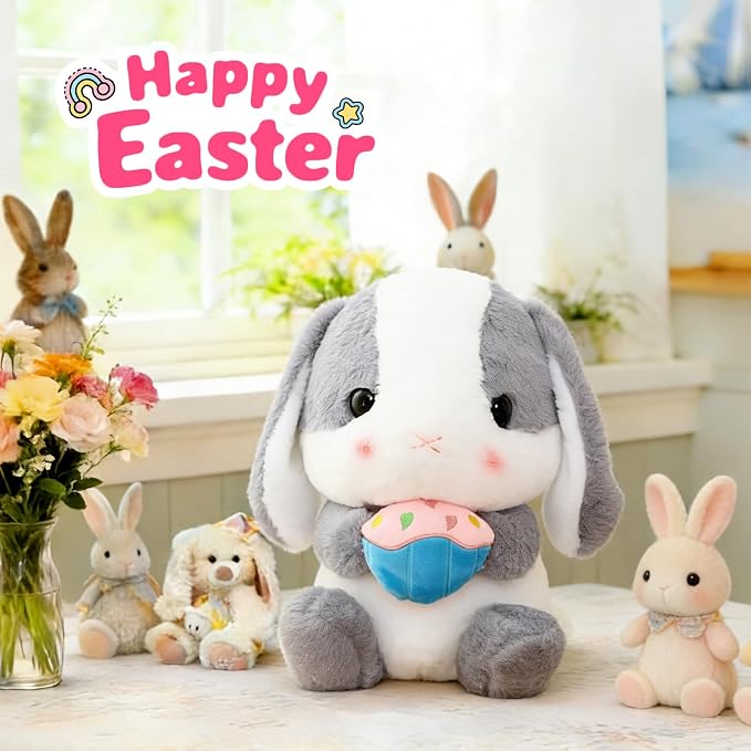 HOUPU Soft Toy - Sitting Lop Eared Rabbit, Easter White Rabbit Stuffed Bunny Animal with Carrot Soft Lovely Realistic Long-Eared Standing Pink Plush Toys (Ash White-Cake,8.6in/22cm)