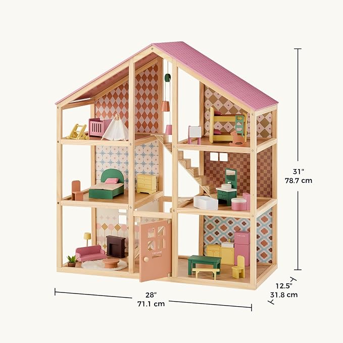 Tiny Land Wooden Dollhouse for Girls - 6 Rooms Wooden Doll House, DIY Pretend Doll House with 31Pcs Furniture Accessories, Creative Gift for Girl Ages 3+ (Dusty Pink)