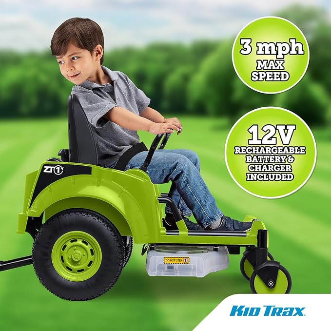 Kid Trax 12V Zero Turn Lawn Mower Toodler Toys - Ride on Toy, Outdoor Toys, Tractor Toy, Riding Mower, Ride On Tractor, Dual Handle, Twist and Turn, Speed to 3MPH, Max Weight of 77lbs, Age 3-7, Green