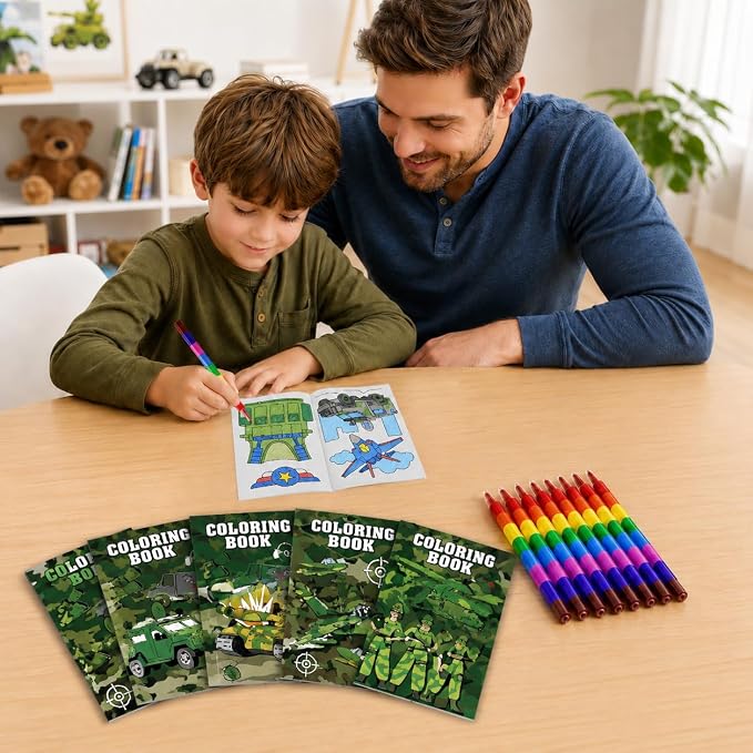 Cinrobiye 24 Set Coloring Books DIY Bulk Mini Ten Plagues Coloring Booklet with Stacking Crayons for Jewish Family Pesach Favors Goodie Bags Stuffer School Classroom Activity Rewards (Military)