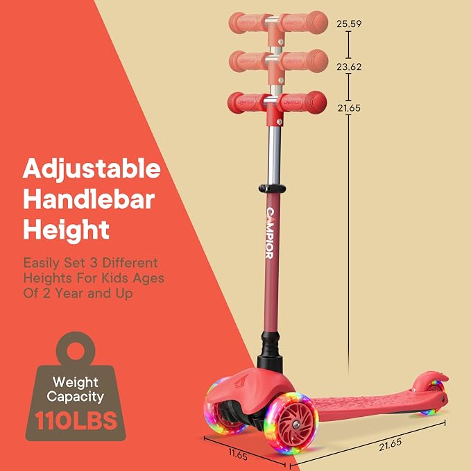 Red Mini 3 Wheel Scooter for Kids – Lean-to-Steer with LED Light-Up Wheels, Adjustable Handlebar, Wide Anti-Slip Deck, Smooth PU Wheels, Rear Foot Brake – Toddler Scooter for Ages 2+