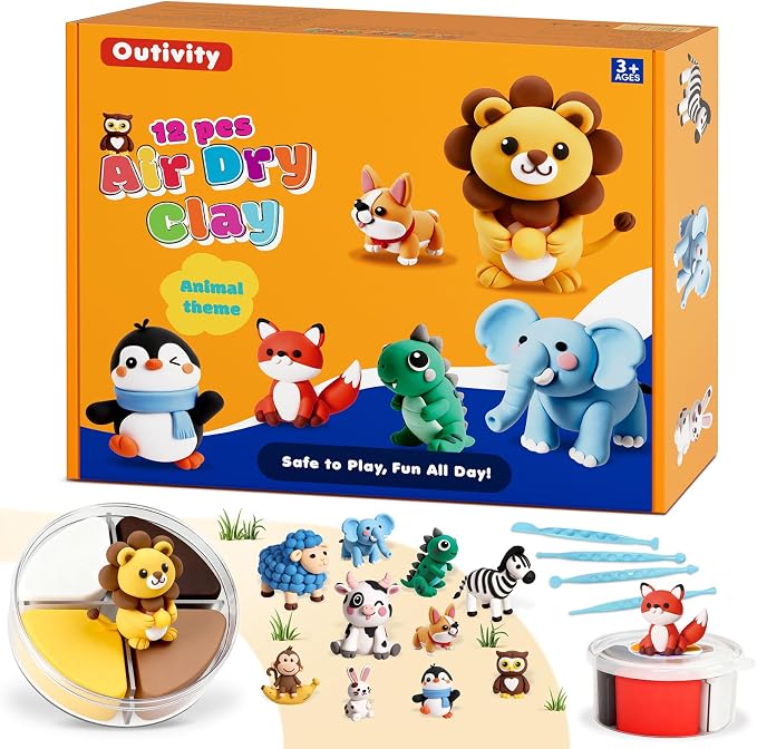 Air Dry Clay Kit for Kids, 12 Animal Crafts Modeling Clay Model Magic, Clay Kits with Sculpting Tools & Tutorials, Safe & Non-Stick DIY Art Crafts, Toys Gift for Ages 3-12 Boys & Girls