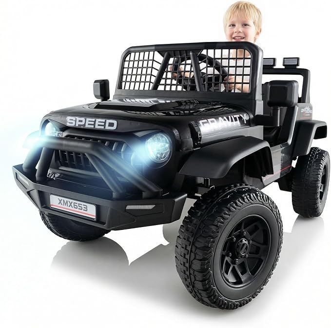 OLAKIDS 24V Ride on Car with Remote Control, Bluetooth, LED Lights, Horn, Spring Suspension, High/Low Speeds, Soft Start for Kids Aged 3+ (Black)