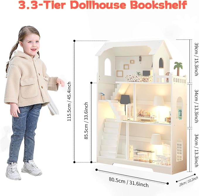Wooden Dollhouse Bookshelf, 3-Tier Kids Dollhouse Bookcase for Books & Toys Storage Organizer Shelves, Large Doll House for Kids Rooms, Playroom, Nursery, Classroom Gift for Aged 3+